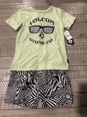 Volcom Lime Green Graphic Tee with Black & White Patterned Shorts